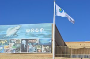 The Aquarium of Western Australia in Perth has a banner at the building entry to attract attention. 